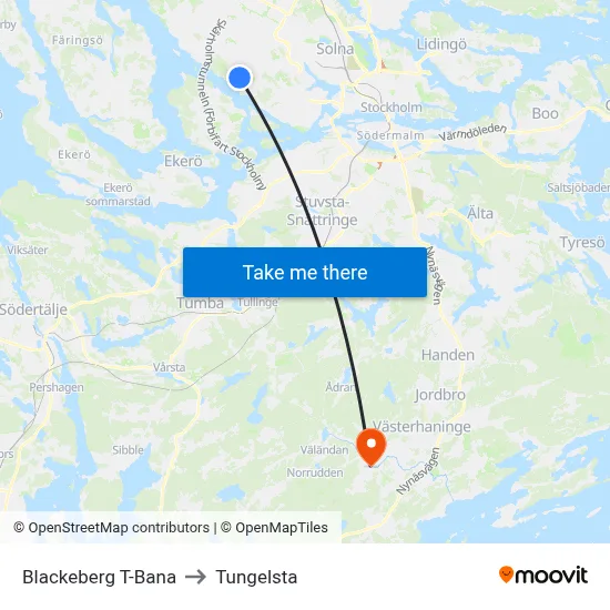 Blackeberg T-Bana to Tungelsta map
