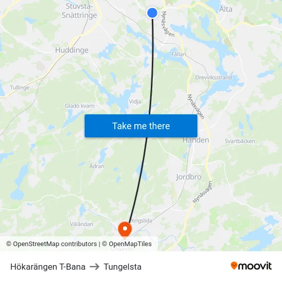 Hökarängen T-Bana to Tungelsta map