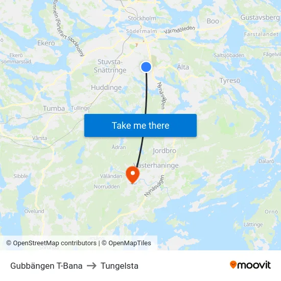 Gubbängen T-Bana to Tungelsta map