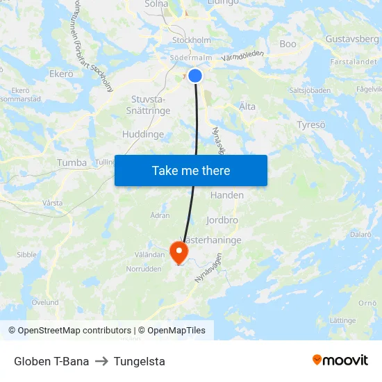 Globen T-Bana to Tungelsta map