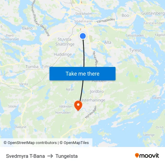 Svedmyra T-Bana to Tungelsta map