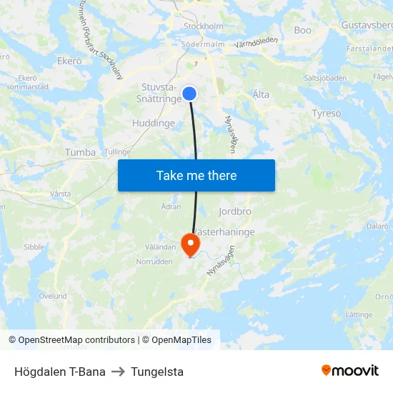 Högdalen T-Bana to Tungelsta map