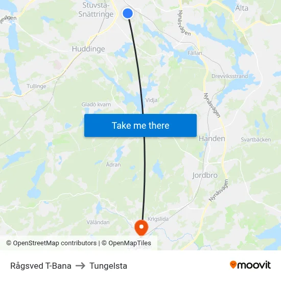 Rågsved T-Bana to Tungelsta map