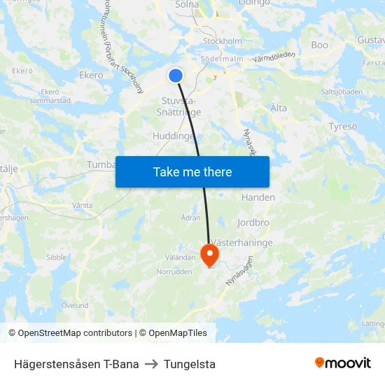 Hägerstensåsen T-Bana to Tungelsta map