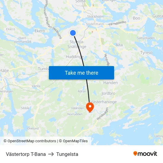 Västertorp T-Bana to Tungelsta map