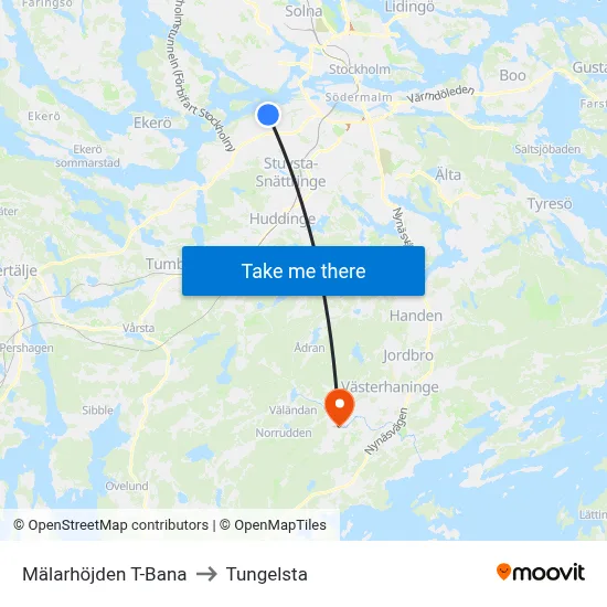 Mälarhöjden T-Bana to Tungelsta map