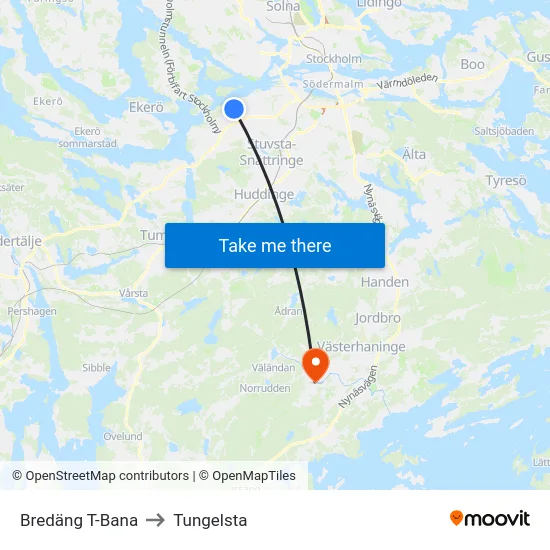Bredäng T-Bana to Tungelsta map