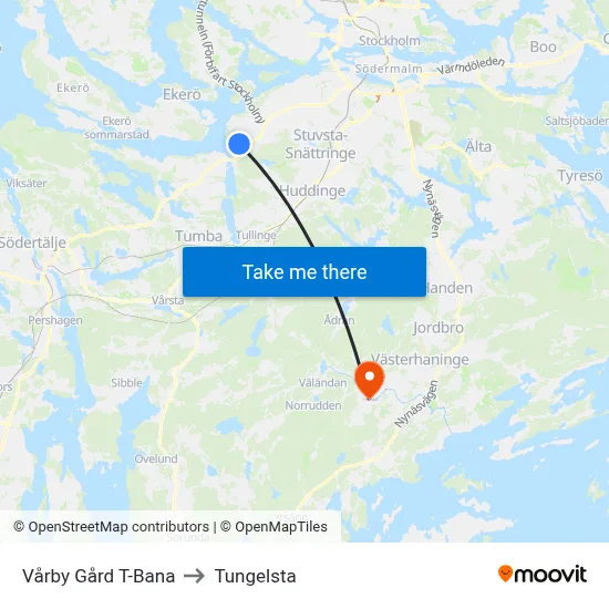 Vårby Gård T-Bana to Tungelsta map