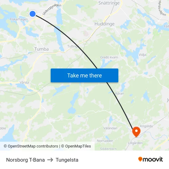 Norsborg T-Bana to Tungelsta map