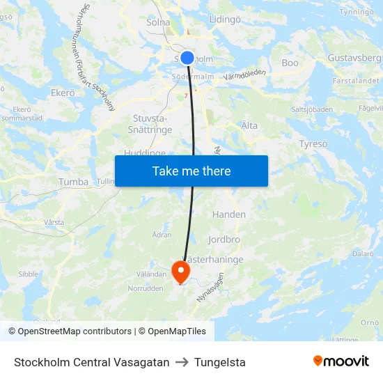 Stockholm Central Vasagatan to Tungelsta map