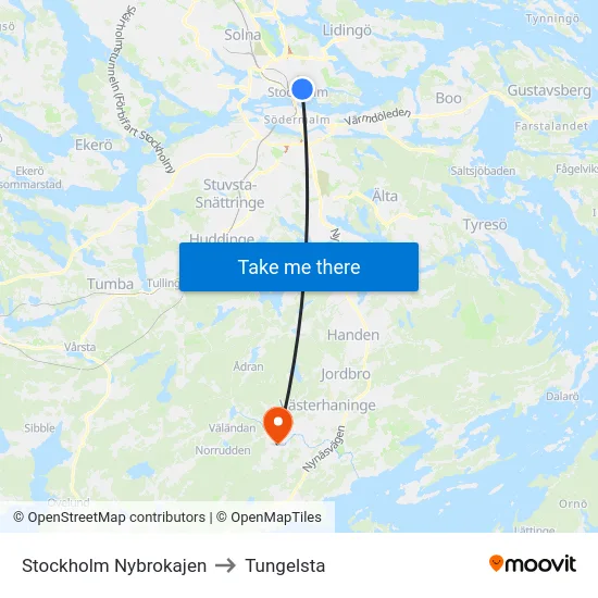 Stockholm Nybrokajen to Tungelsta map
