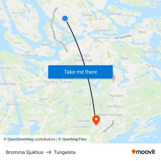 Bromma Sjukhus to Tungelsta map