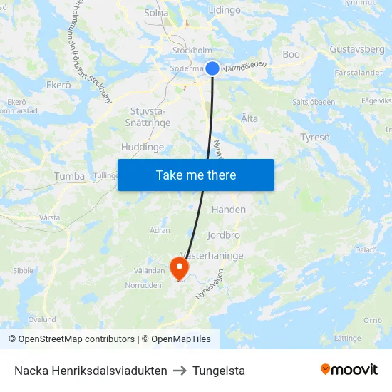 Nacka Henriksdalsviadukten to Tungelsta map