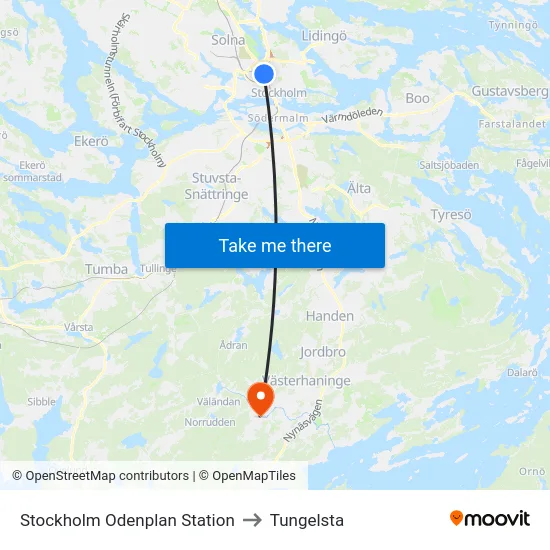 Stockholm Odenplan Station to Tungelsta map