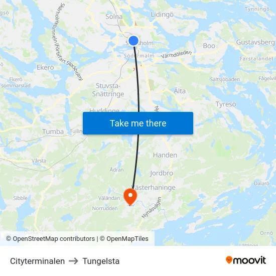 Cityterminalen to Tungelsta map