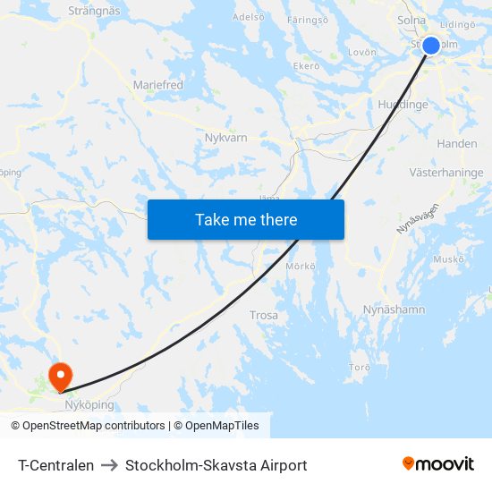 T-Centralen to Stockholm-Skavsta Airport map
