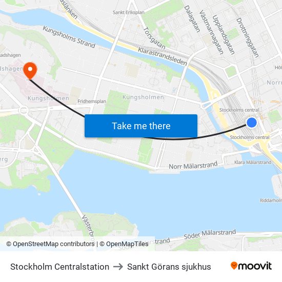 Stockholm Centralstation to Sankt Görans sjukhus map