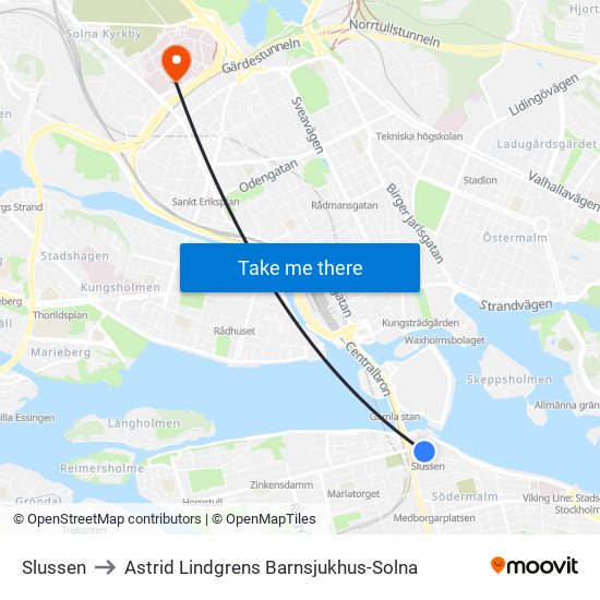 Slussen to Astrid Lindgrens Barnsjukhus-Solna map