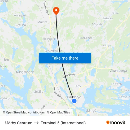 Mörby Centrum to Terminal 5 (International) map