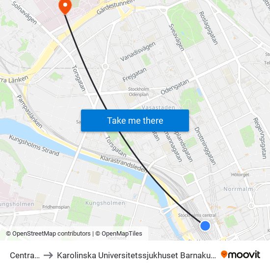 Centralen to Karolinska Universitetssjukhuset Barnakuten Solna map