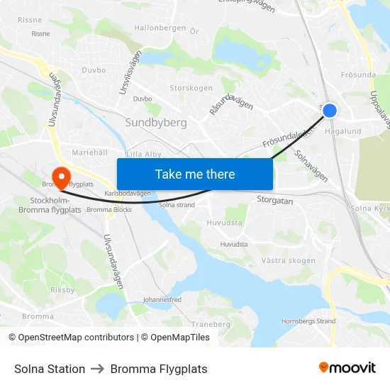 Solna Station to Bromma Flygplats map