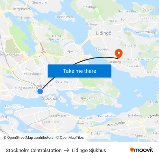 Stockholm Centralstation to Lidingö Sjukhus map