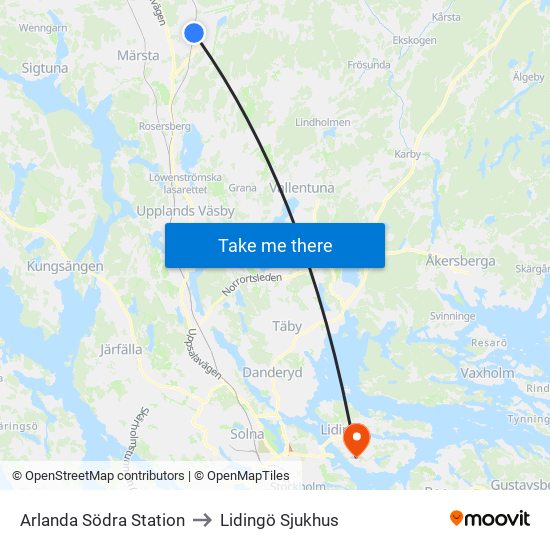 Arlanda Södra Station to Lidingö Sjukhus map