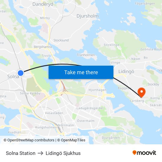Solna Station to Lidingö Sjukhus map