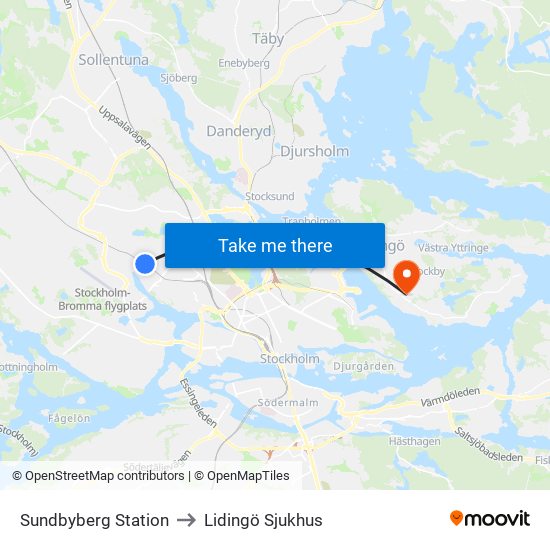 Sundbyberg Station to Lidingö Sjukhus map