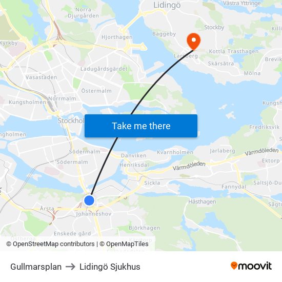 Gullmarsplan to Lidingö Sjukhus map