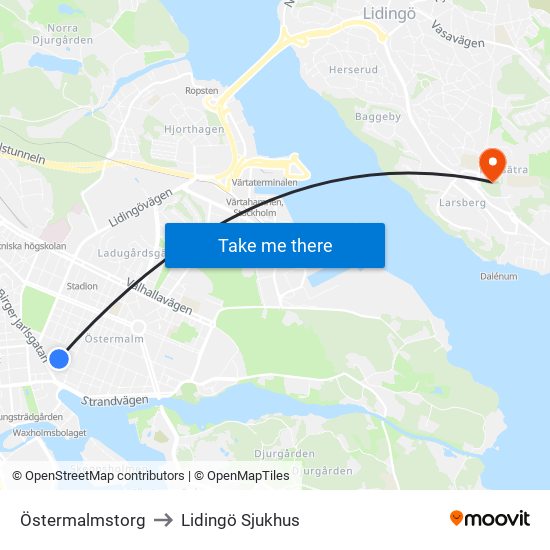 Östermalmstorg to Lidingö Sjukhus map