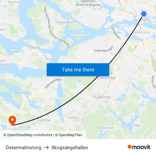 Östermalmstorg to Skogsängshallen map