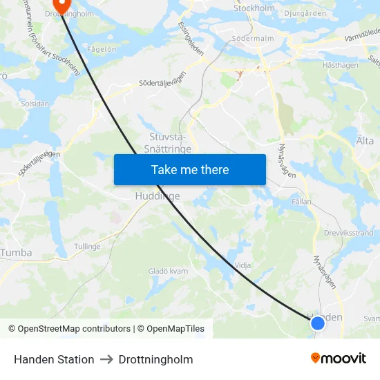 Handen Station to Drottningholm map