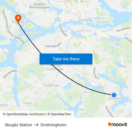 Skogås Station to Drottningholm map