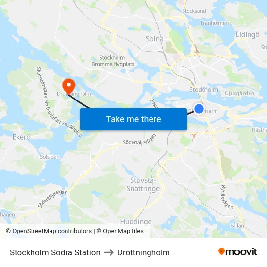 Stockholm Södra Station to Drottningholm map