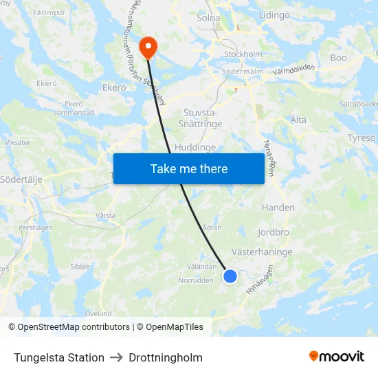 Tungelsta Station to Drottningholm map