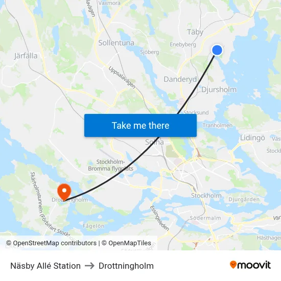 Näsby Allé Station to Drottningholm map