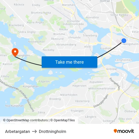 Arbetargatan to Drottningholm map