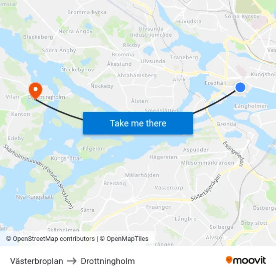 Västerbroplan to Drottningholm map