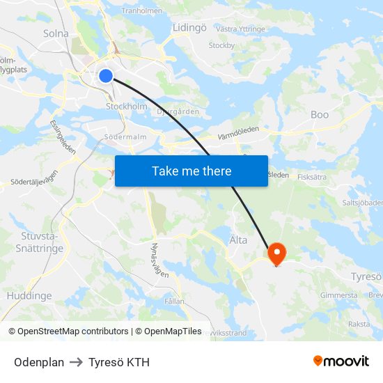 Odenplan to Tyresö KTH map