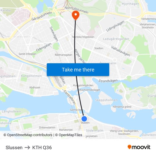 Slussen to KTH Q36 map