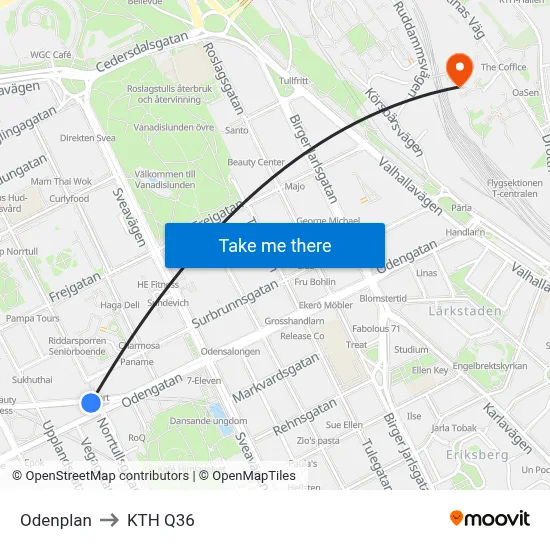 Odenplan to KTH Q36 map