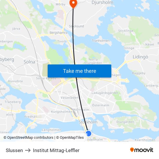 Slussen to Institut Mittag-Leffler map