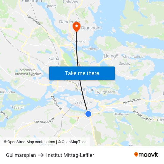 Gullmarsplan to Institut Mittag-Leffler map