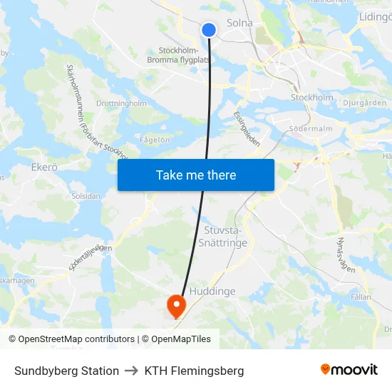 Sundbyberg Station to KTH Flemingsberg map