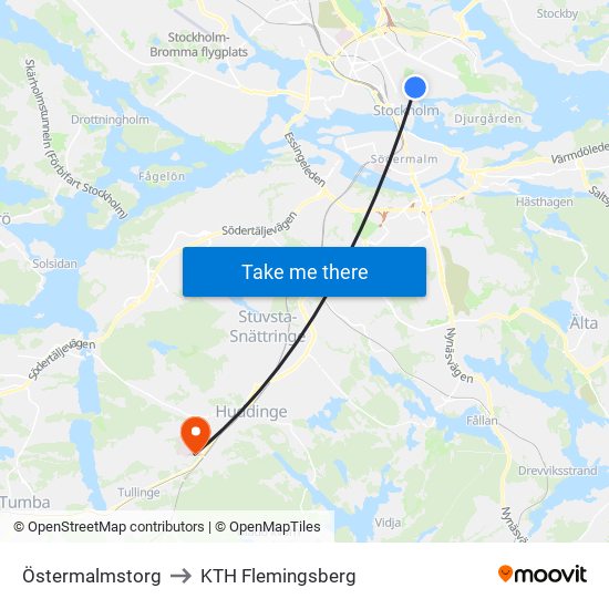 Östermalmstorg to KTH Flemingsberg map