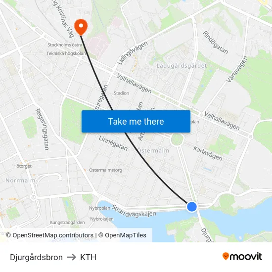 Djurgårdsbron to KTH map