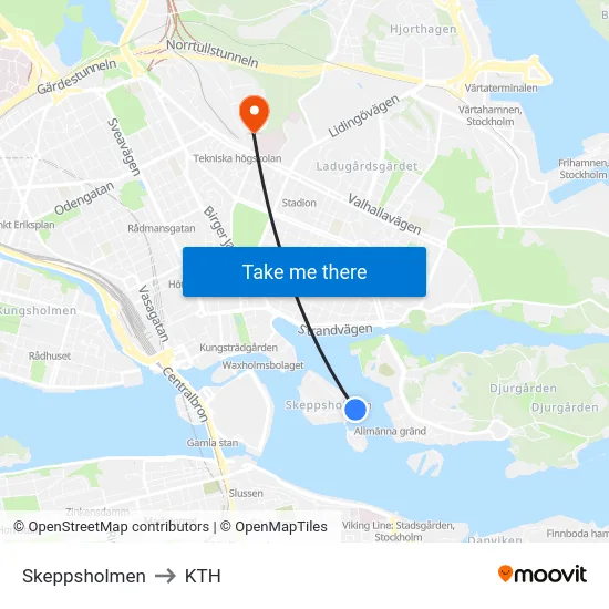 Skeppsholmen to KTH map