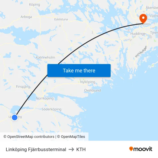 Linköping Fjärrbussterminal to KTH map