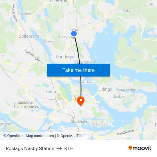 Roslags Näsby Station to KTH map